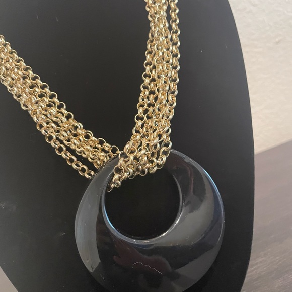 Chico’s Black Medallion & Gold Strands Modern Necklace - Picture 4 of 7